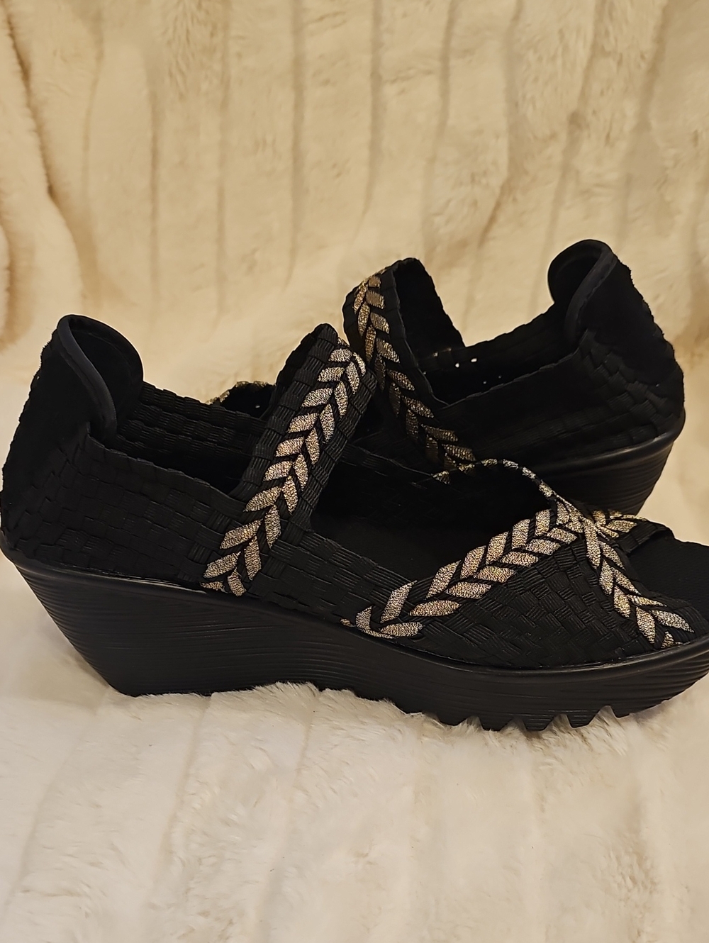 bernie mev. Black Woven Wedge Open Toe Sandals with Silver Braided Straps